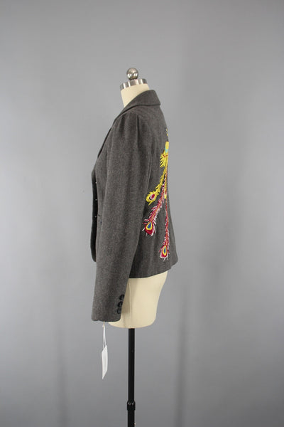 Grey Wool Women's Jacket with PHOENIX Embroidery - ThisBlueBird