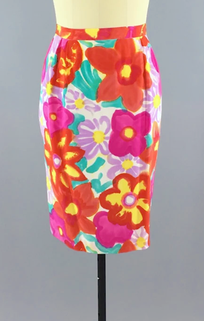 Vintage 1980s Silk Floral Print Pencil Skirt-ThisBlueBird