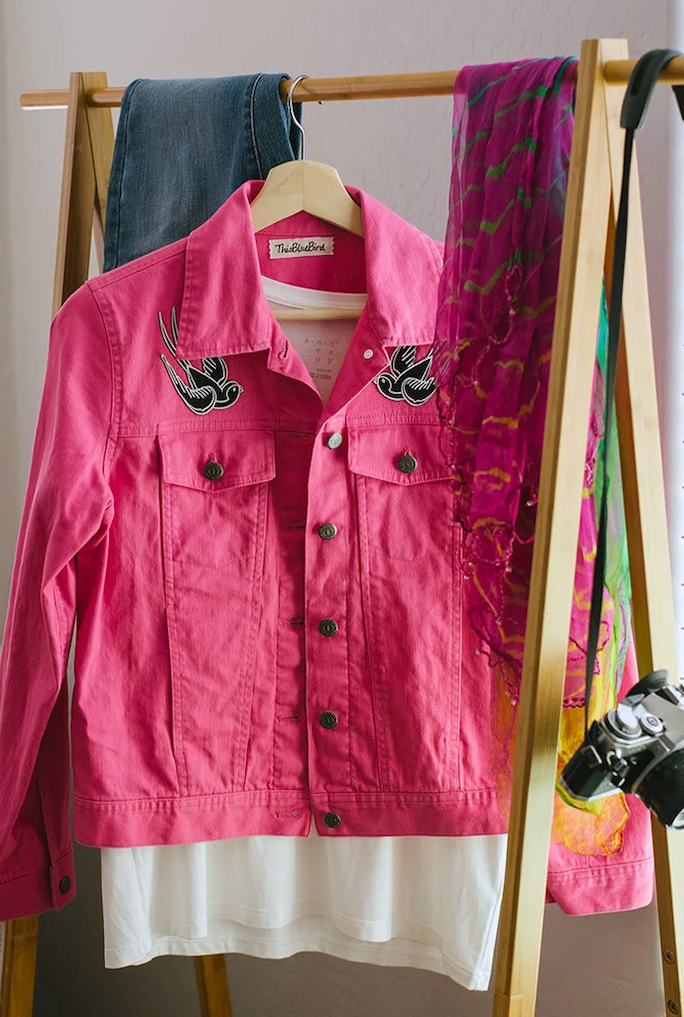 Hot Pink Denim Jacket with Retro Swallow Patches-ThisBlueBird