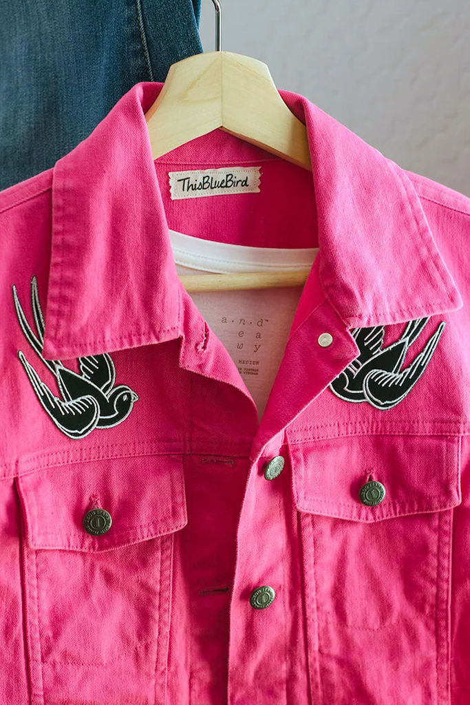 Hot Pink Denim Jacket with Retro Swallow Patches – ThisBlueBird