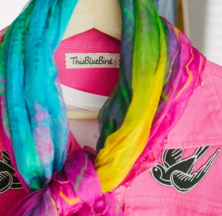 Hot Pink Denim Jacket with Retro Swallow Patches-ThisBlueBird