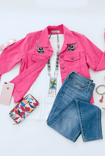Hot Pink Denim Jacket with Retro Swallow Patches-ThisBlueBird