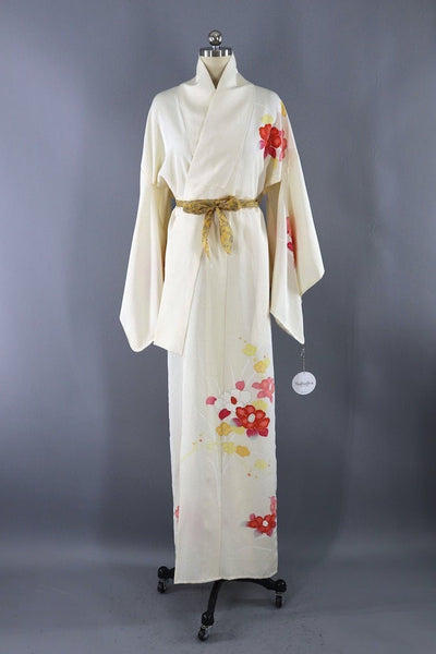 Vintage Ivory Pink Floral Silk Kimono Robe-ThisBlueBird - Modern Vintage