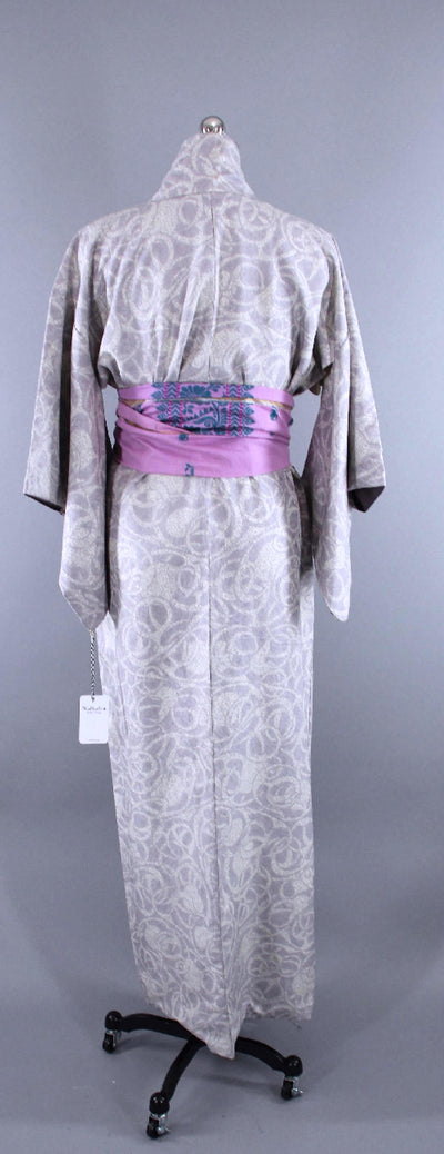 1950s Vintage Silk Kimono Robe / Lavender Purple & White Damask-ThisBlueBird