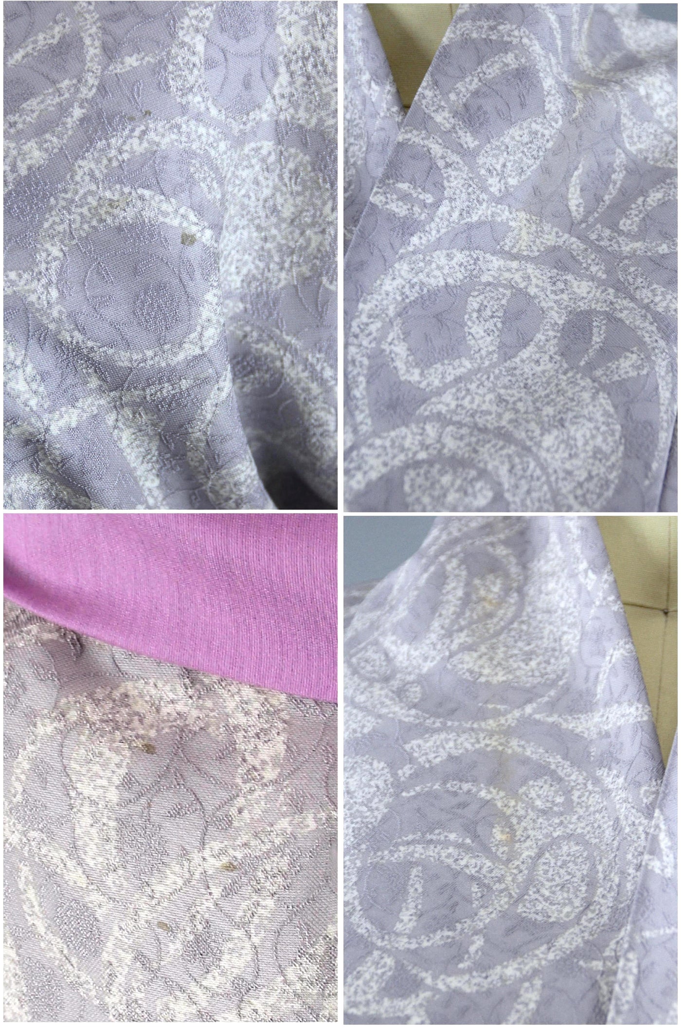 1950s Vintage Silk Kimono Robe / Lavender Purple & White Damask-ThisBlueBird