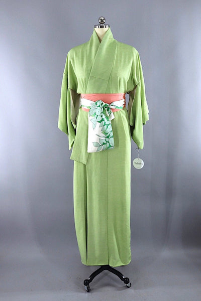 Vintage Silk Kimono Robe / Spring Green Tiny Dots-ThisBlueBird