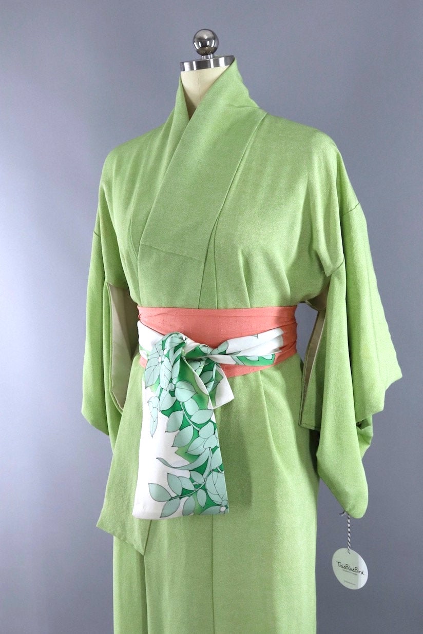 Vintage Silk Kimono Robe / Spring Green Tiny Dots-ThisBlueBird