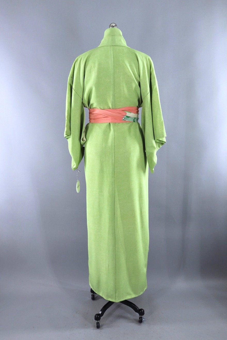 Vintage Silk Kimono Robe / Spring Green Tiny Dots-ThisBlueBird