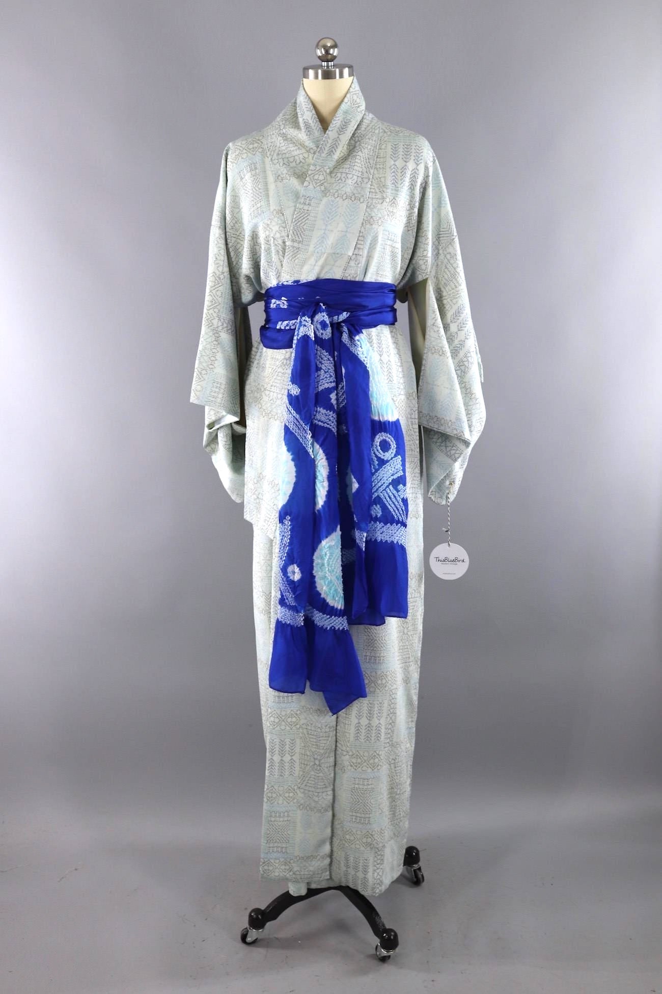 Vintage Silk Kimono Robe / Light Blue and Black Ikat Crepe-ThisBlueBird