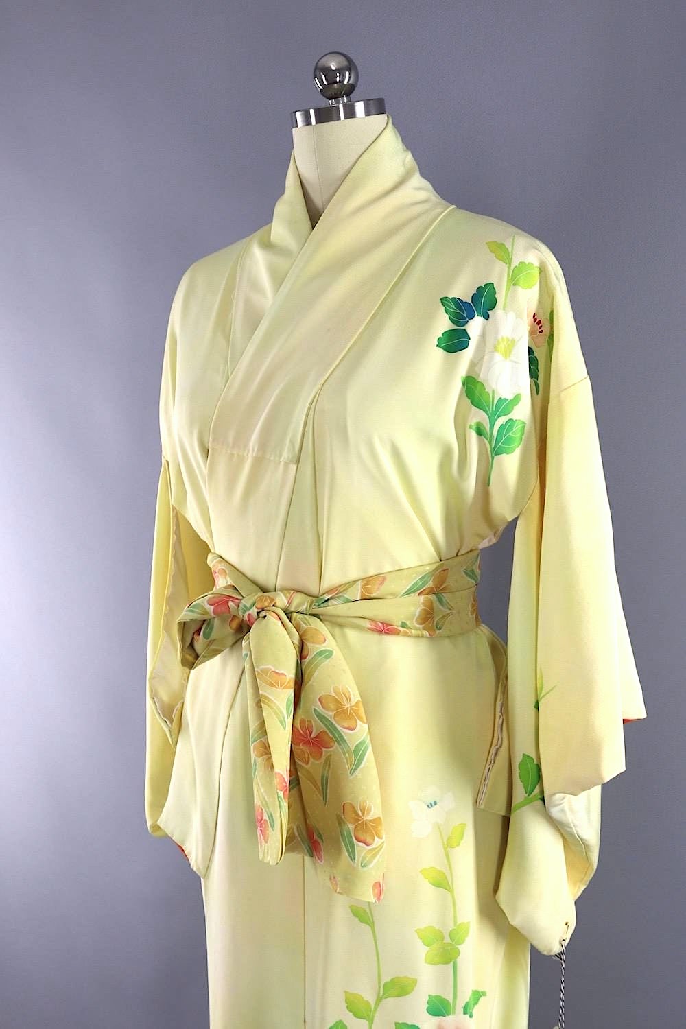 Vintage Silk Kimono Robe / Yellow and Green Peony Floral-ThisBlueBird