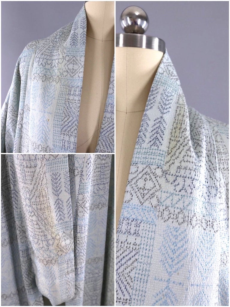 Vintage Silk Kimono Robe / Light Blue and Black Ikat Crepe-ThisBlueBird