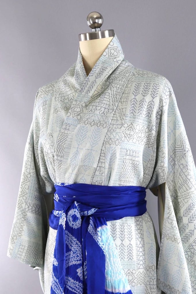 Vintage Silk Kimono Robe / Light Blue and Black Ikat Crepe-ThisBlueBird