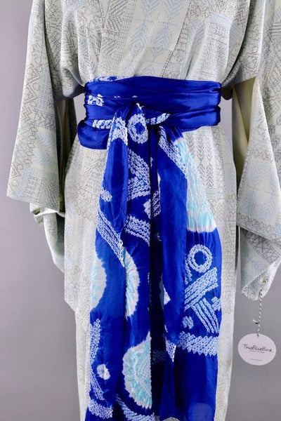 Vintage Silk Kimono Robe / Light Blue and Black Ikat Crepe-ThisBlueBird