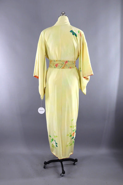 Vintage Silk Kimono Robe / Yellow and Green Peony Floral-ThisBlueBird