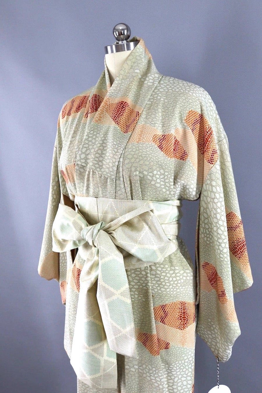 Vintage Silk Kimono Robe / Orange Ivory Dots-ThisBlueBird
