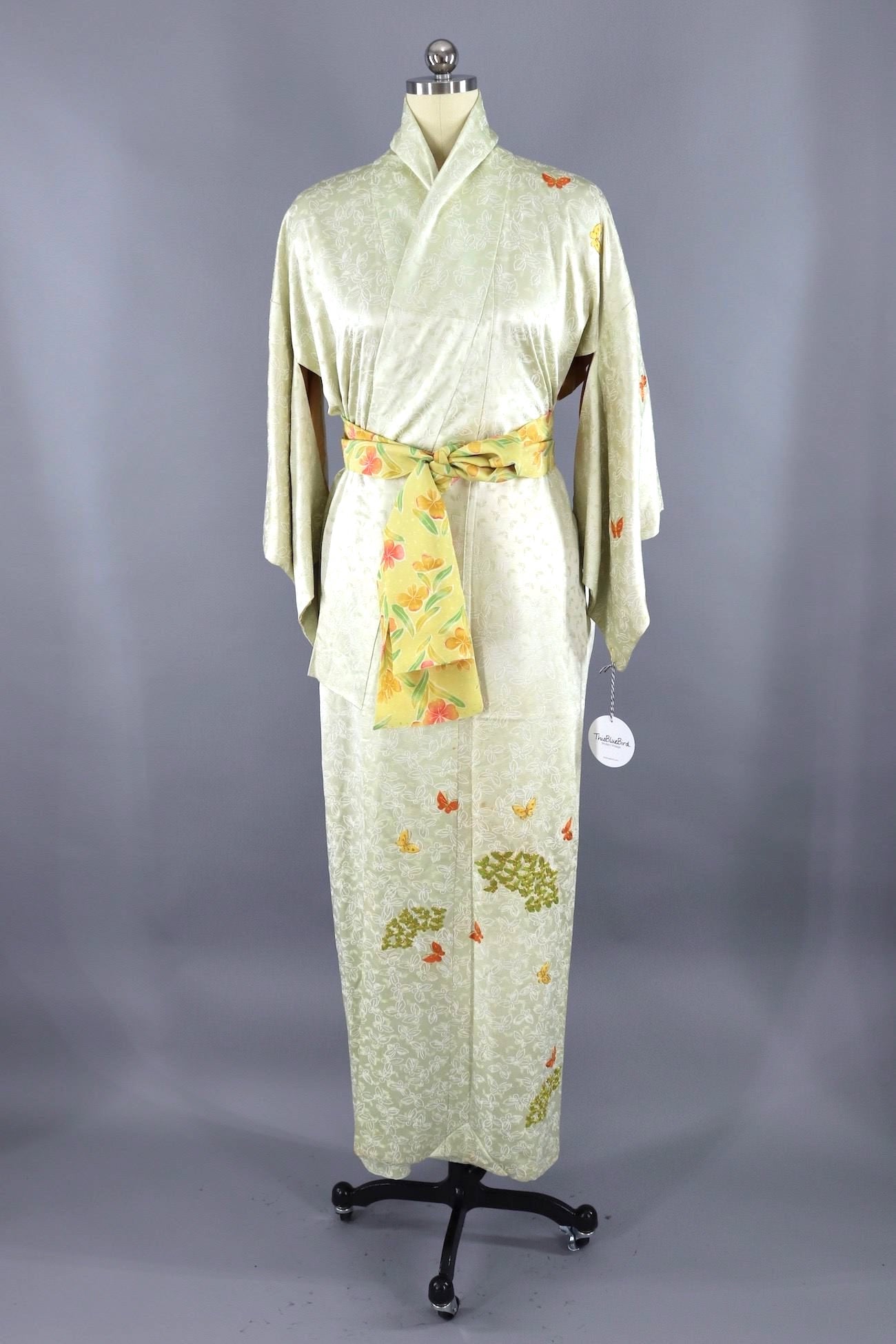 Vintage Silk Kimono Robe / Pale Green Butterflies-ThisBlueBird