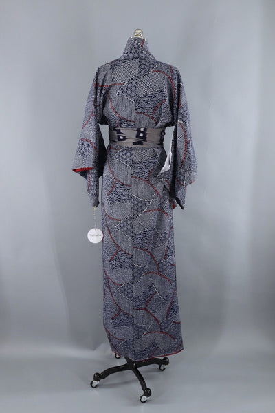 Vintage Kimono Robe / Blue and White Shibori Print