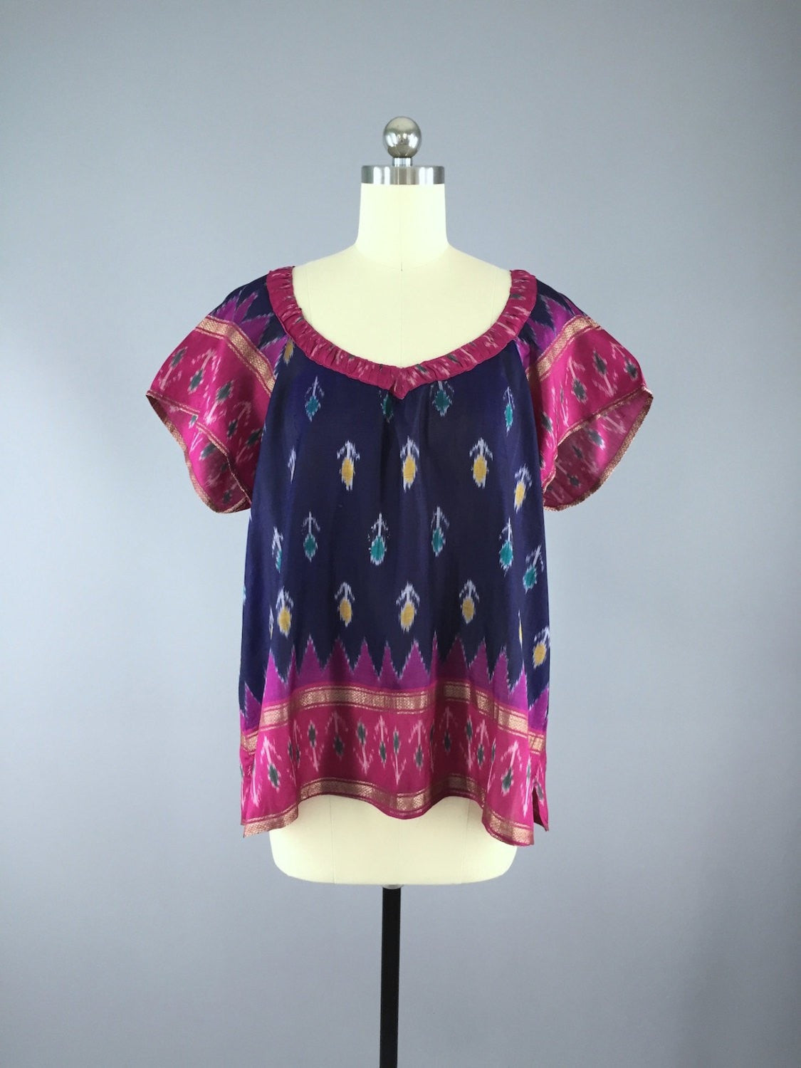 India Silk T-Shirt Blouse / Vintage Indian Sari / Blue and Pink Ikat / Size Large - ThisBlueBird
