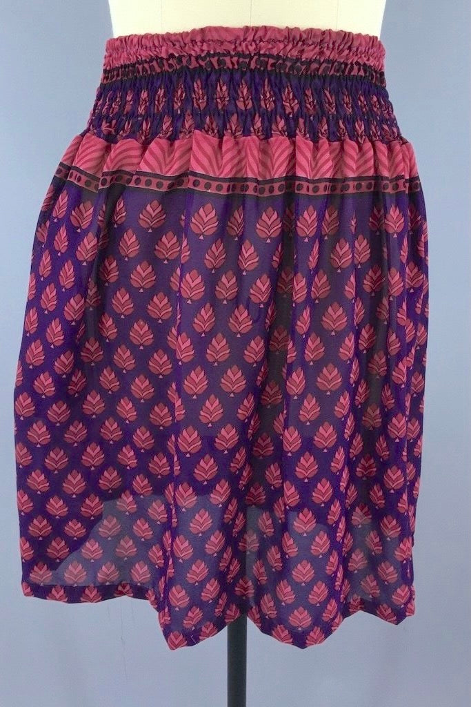 Indian Chiffon Sari Skirt - Purple &amp; Red Leaf Print - Size L-XL-ThisBlueBird