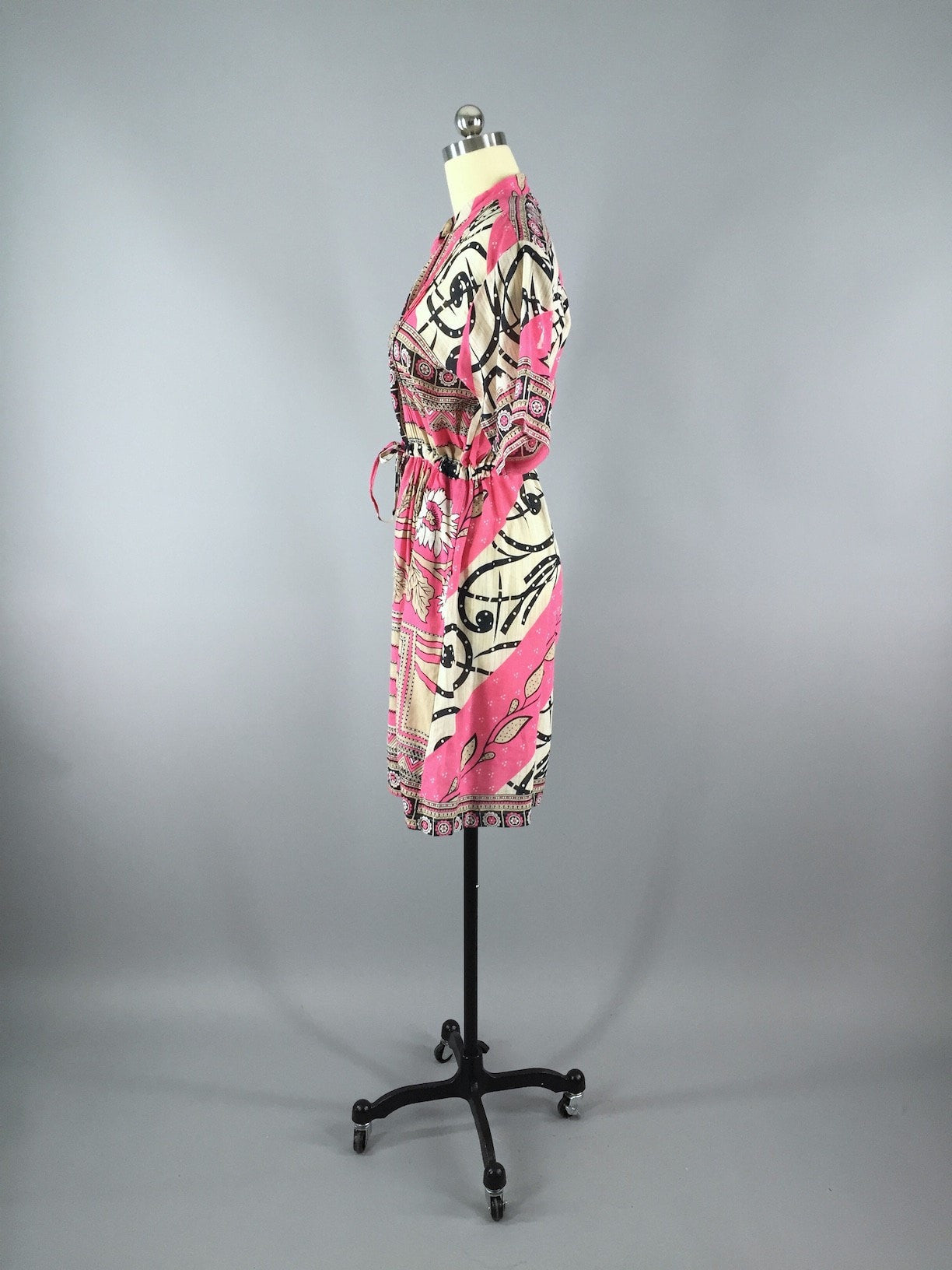 Indian Cotton Sari Dress / Vintage Indian Sari /  Pink Abstract Print - ThisBlueBird