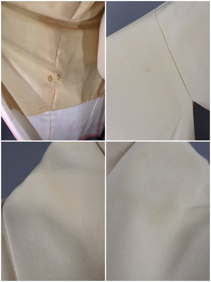 Vintage 1950s Silk Kimono Robe / Ivory Pink Shibori Floral - ThisBlueBird