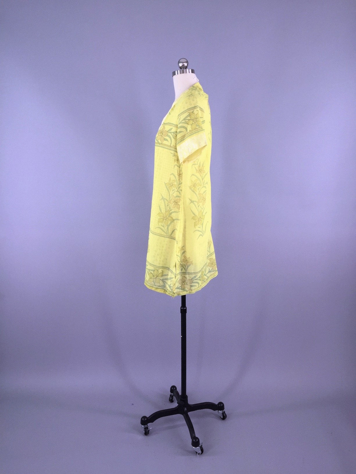 Kaftan Tunic Dress / Vintage Indian Sari / Yellow Floral Print Cotton - ThisBlueBird