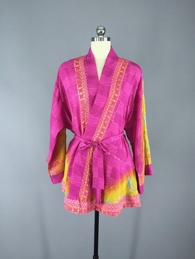 Kimono Cardigan / Vintage Indian Sari / Pink Yellow Floral Embroidered - ThisBlueBird