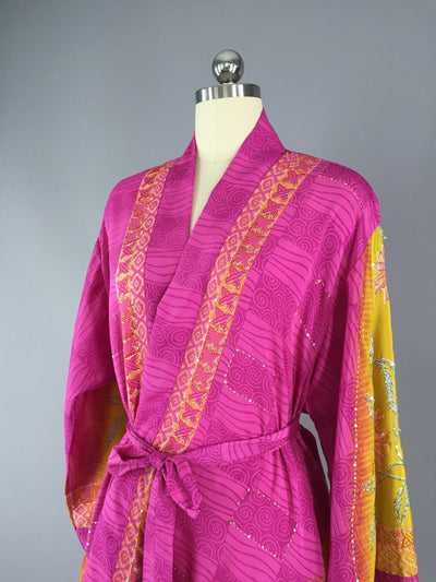 Kimono Cardigan / Vintage Indian Sari / Pink Yellow Floral Embroidered - ThisBlueBird