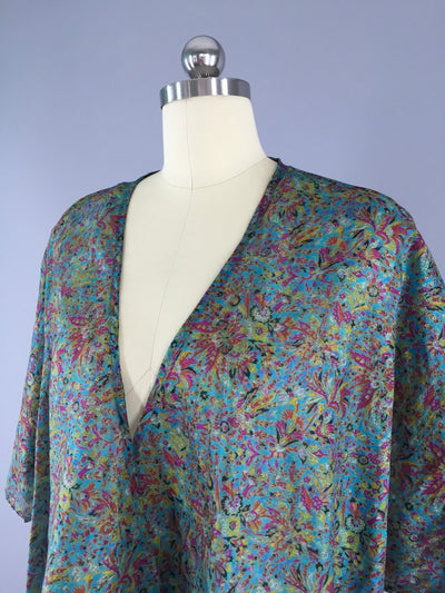 Kimono Cardigan / Vintage Sari / Aqua Floral - ThisBlueBird