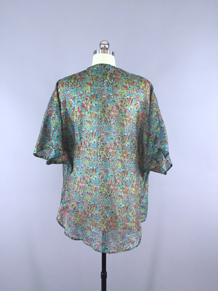 Kimono Cardigan / Vintage Sari / Aqua Floral - ThisBlueBird