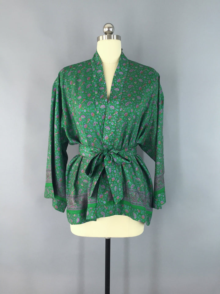 Kimono Jacket / Vintage Indian Sari / Green Floral Print - ThisBlueBird