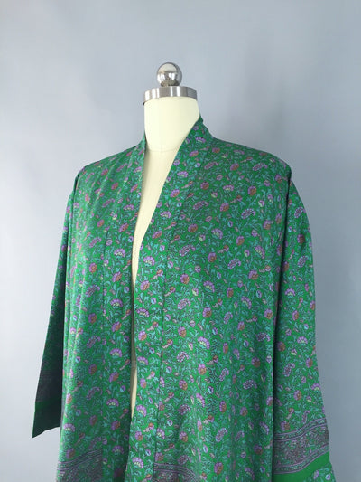 Kimono Jacket / Vintage Indian Sari / Green Floral Print - ThisBlueBird