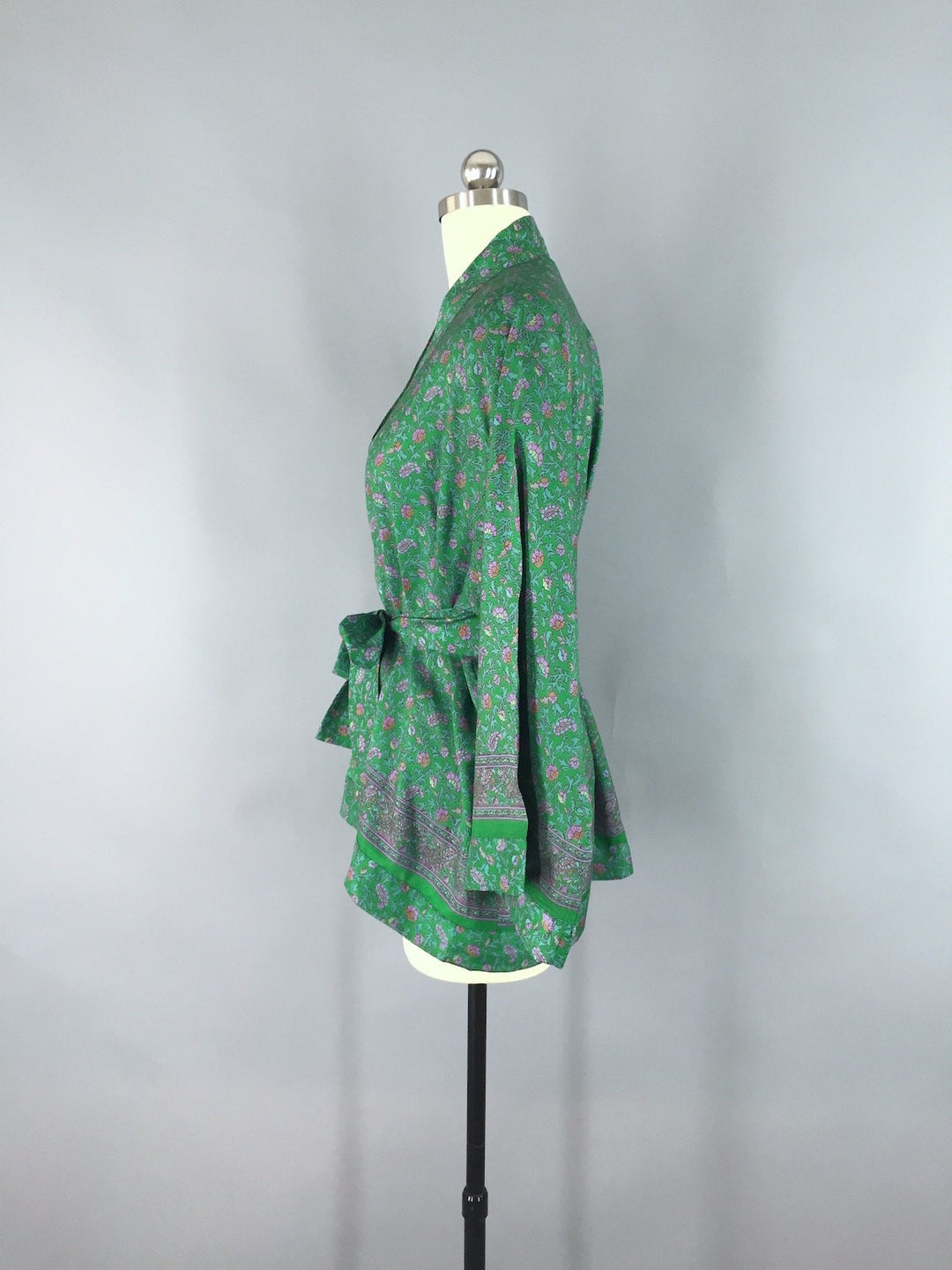 Kimono Jacket / Vintage Indian Sari / Green Floral Print - ThisBlueBird