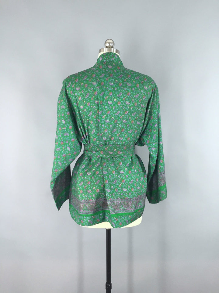 Kimono Jacket / Vintage Indian Sari / Green Floral Print - ThisBlueBird