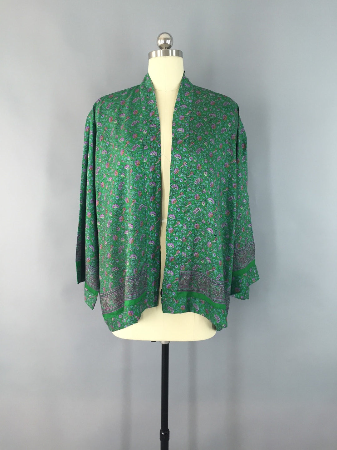 Kimono Jacket / Vintage Indian Sari / Green Floral Print - ThisBlueBird