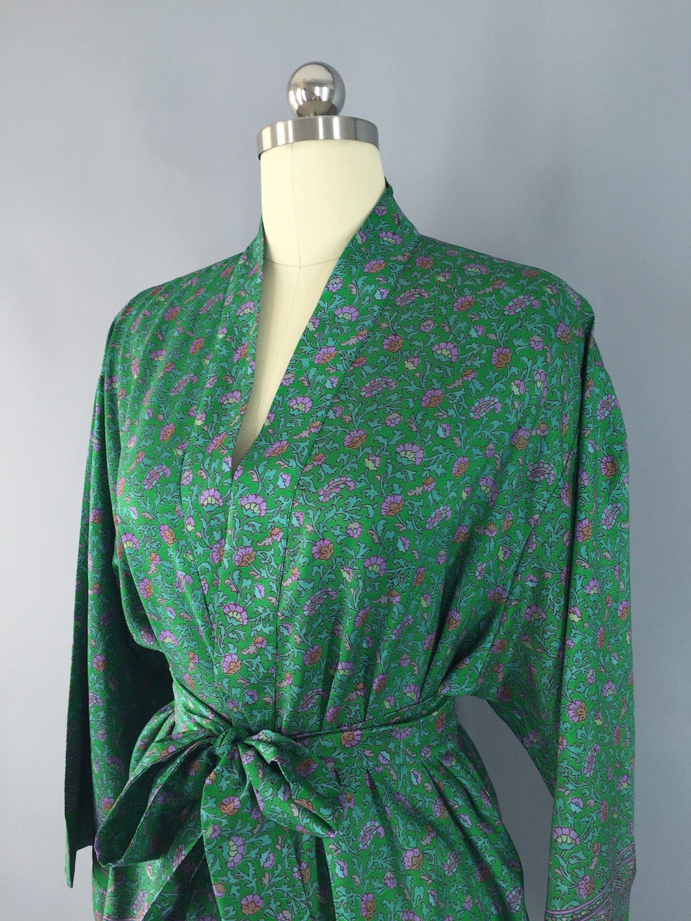 Kimono Jacket / Vintage Indian Sari / Green Floral Print - ThisBlueBird