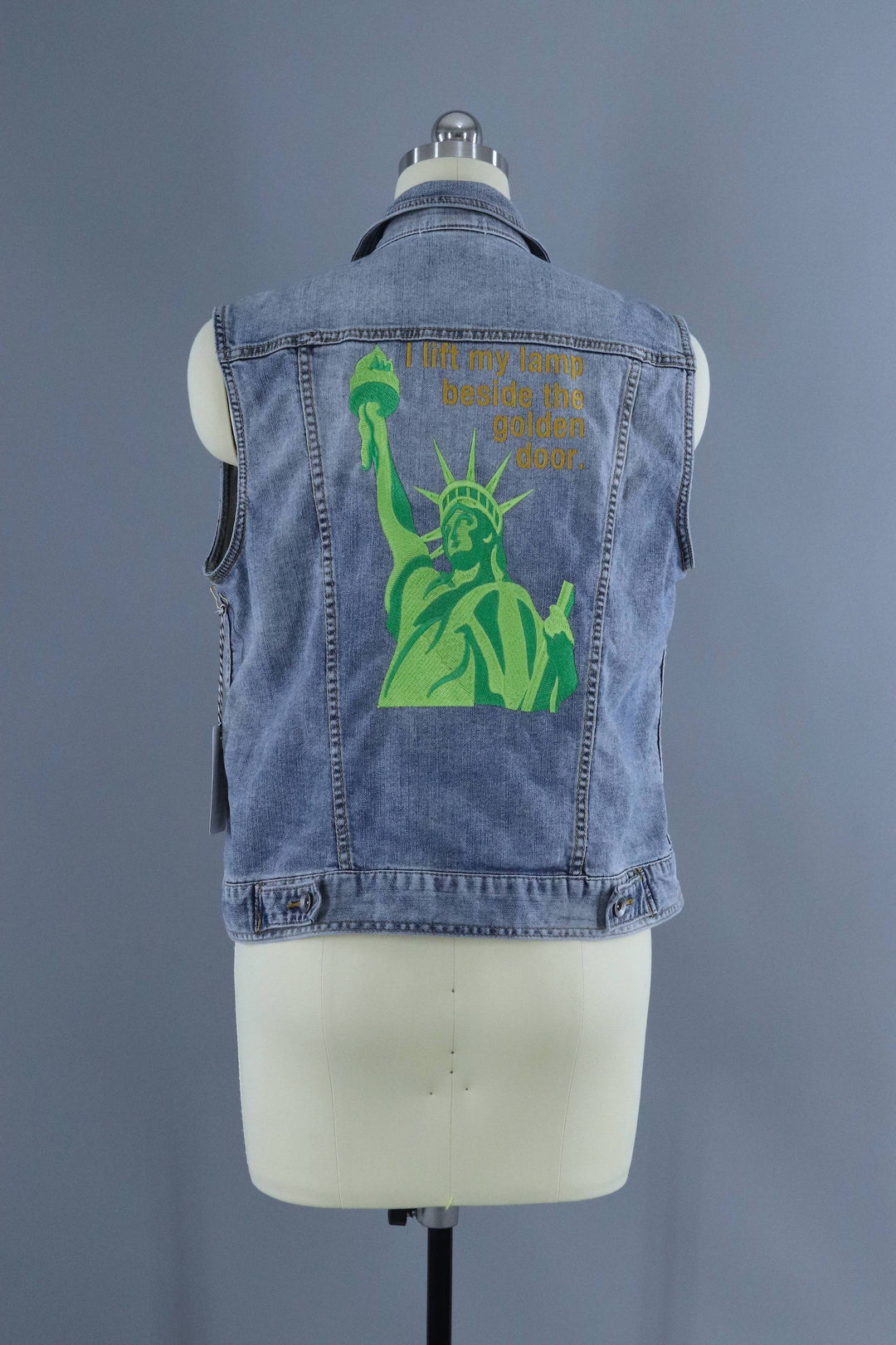 Lady Liberty Embroidered Denim Vest Jacket / I Lift My Lamp Beside the Golden Door - ThisBlueBird