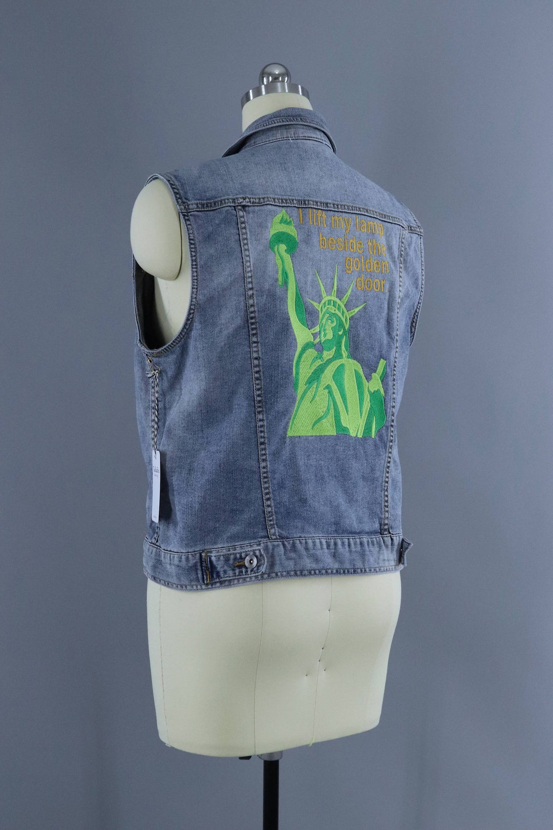 Lady Liberty Embroidered Denim Vest Jacket / I Lift My Lamp Beside the Golden Door - ThisBlueBird