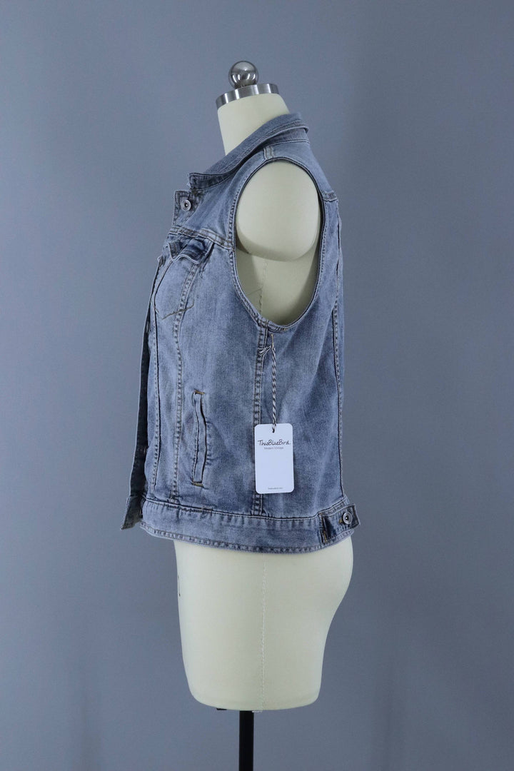 Lady Liberty Embroidered Denim Vest Jacket / I Lift My Lamp Beside the Golden Door - ThisBlueBird