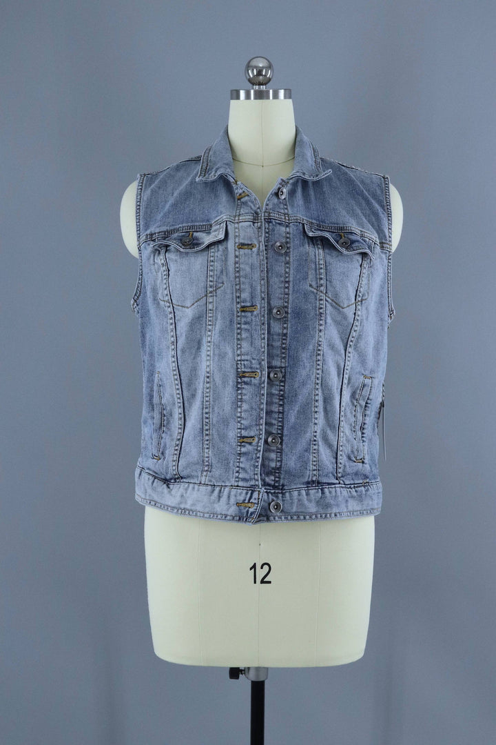 Lady Liberty Embroidered Denim Vest Jacket / I Lift My Lamp Beside the Golden Door - ThisBlueBird