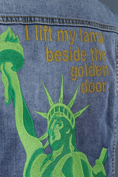 Lady Liberty Embroidered Denim Vest Jacket / I Lift My Lamp Beside the Golden Door - ThisBlueBird