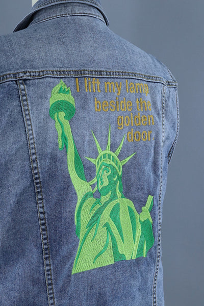 Lady Liberty Embroidered Denim Vest Jacket / I Lift My Lamp Beside the Golden Door - ThisBlueBird
