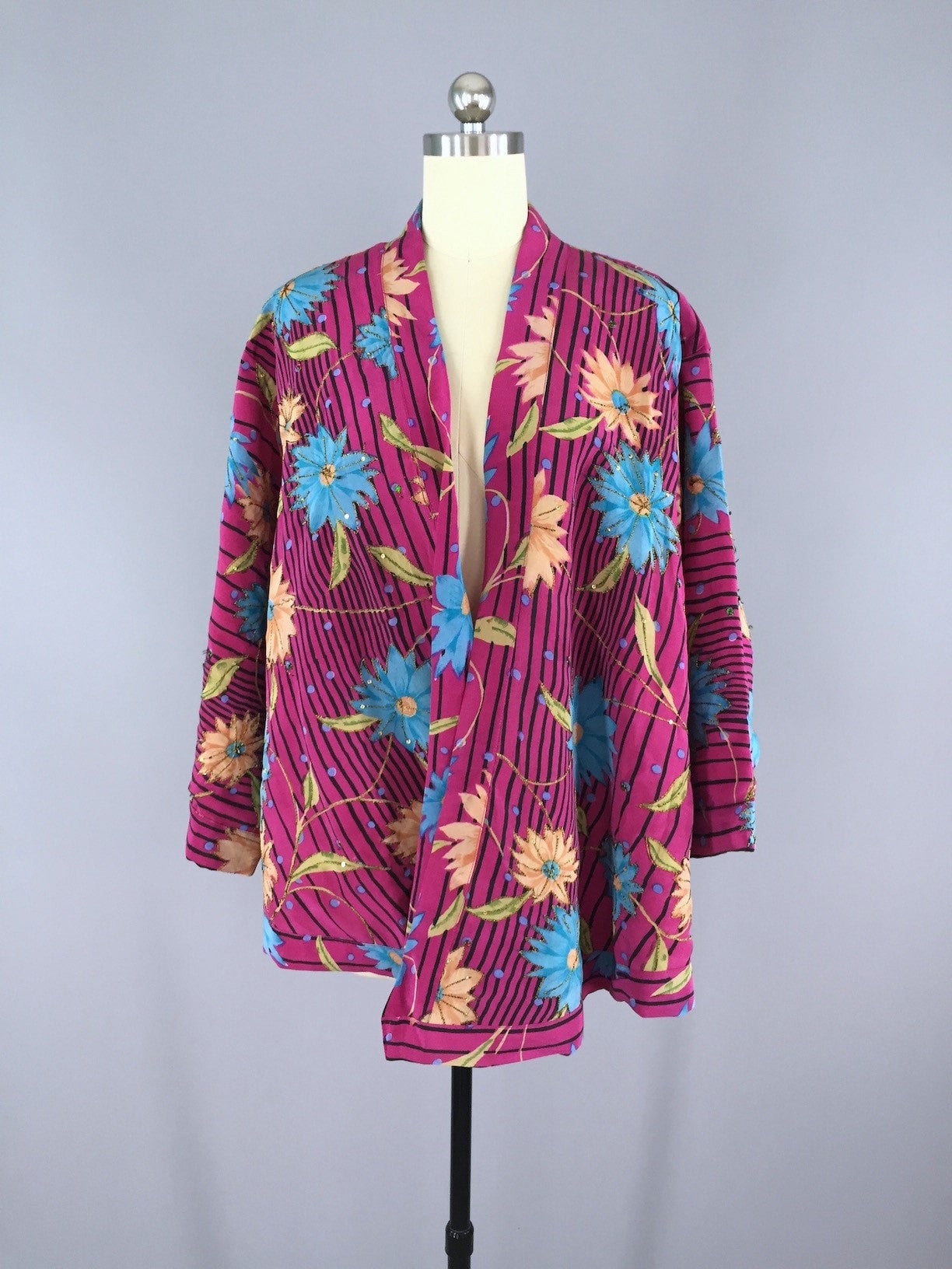 Magenta Striped Floral Print Silk Kimono Cardigan made from a Vintage Indian Sari - ThisBlueBird