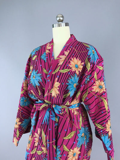 Magenta Striped Floral Print Silk Kimono Cardigan made from a Vintage Indian Sari - ThisBlueBird