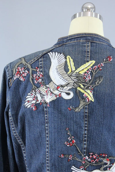 Military Style Denim Peplum Jacket with Asian Cranes Birds Embroidered Patch - ThisBlueBird