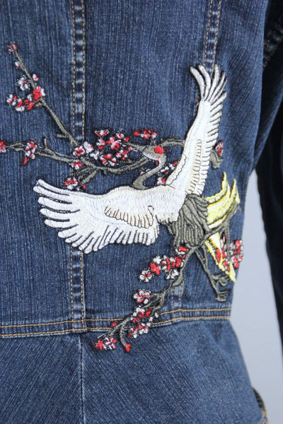 Military Style Denim Peplum Jacket with Asian Cranes Birds Embroidered Patch - ThisBlueBird