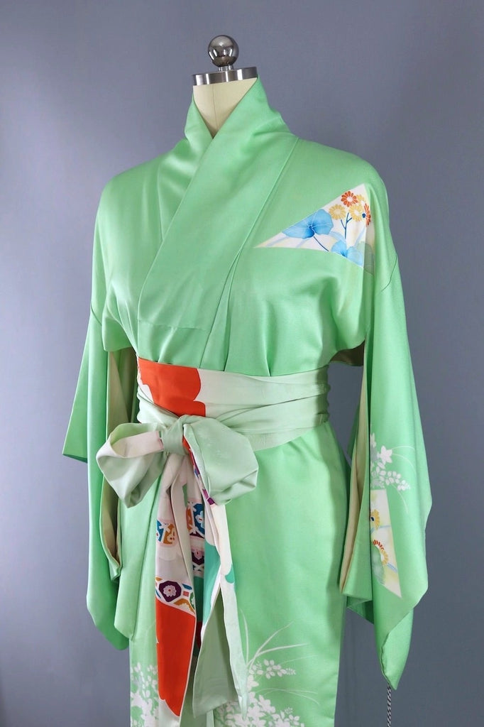 Minty Green Vintage Silk Kimono Robe-ThisBlueBird - Modern Vintage
