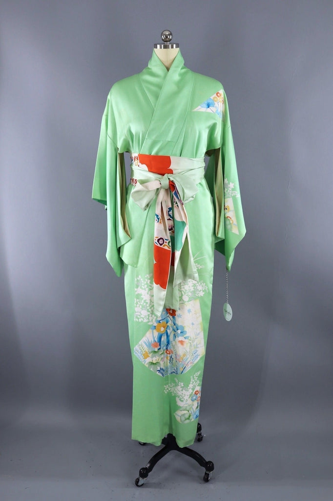 Minty Green Vintage Silk Kimono Robe-ThisBlueBird - Modern Vintage