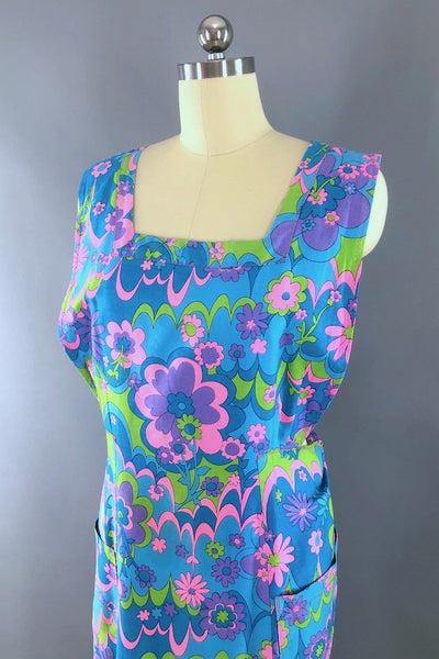 Mod Blue Floral Print Cotton Smock Apron-ThisBlueBird - Modern Vintage