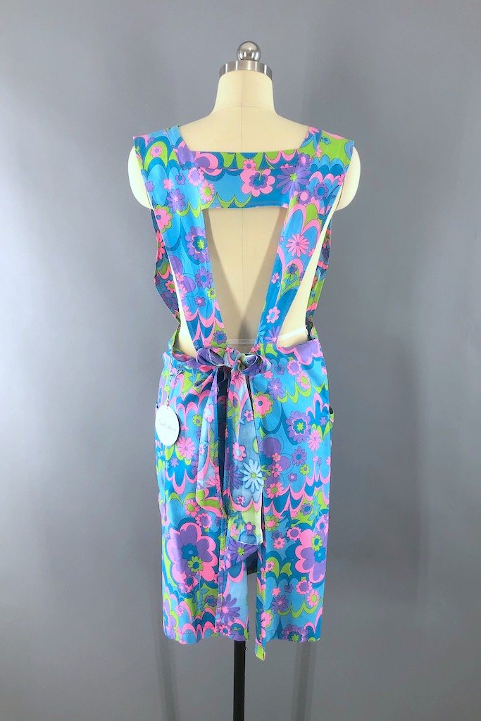 Mod Blue Floral Print Cotton Smock Apron-ThisBlueBird - Modern Vintage